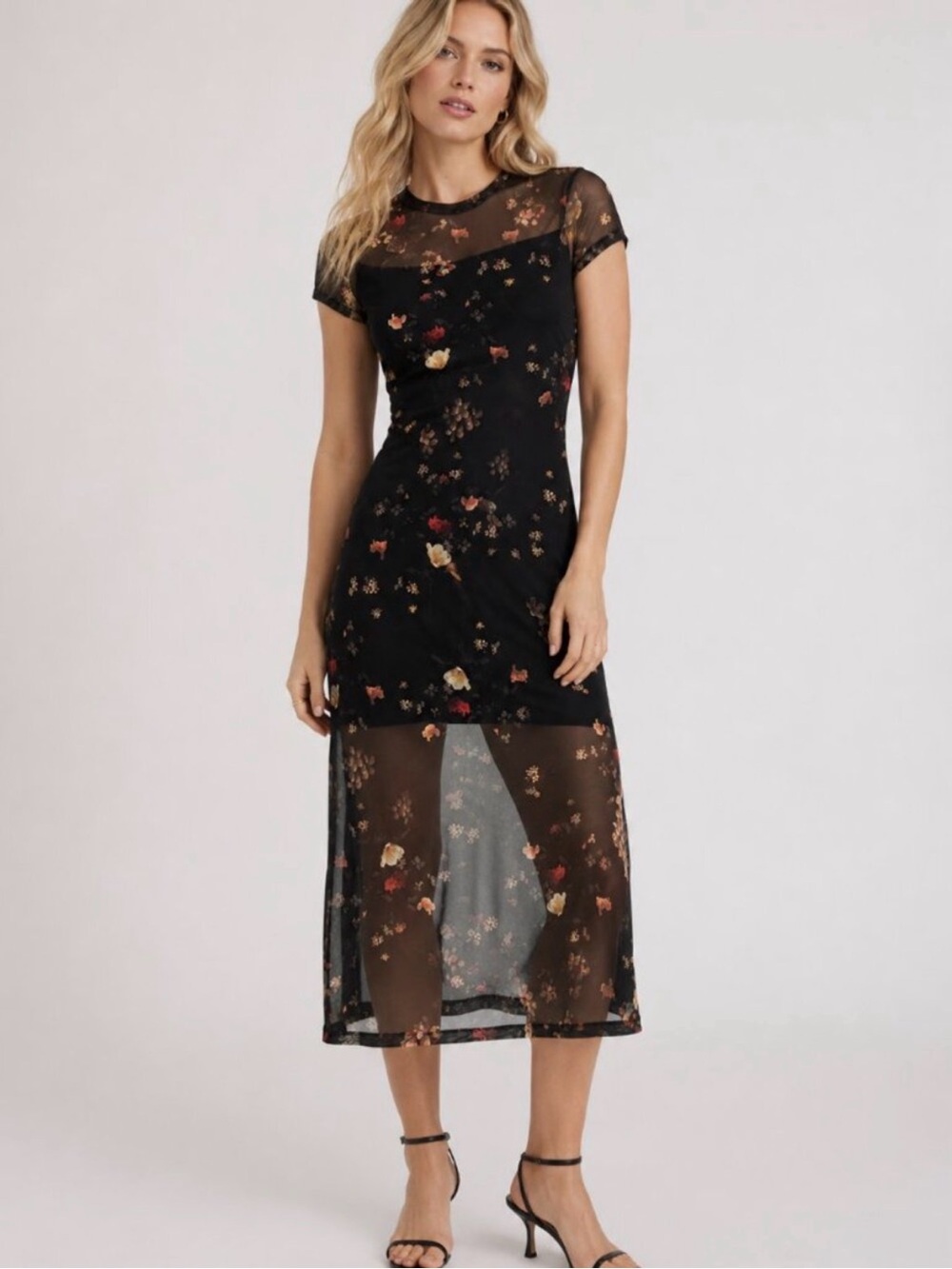 AllSaints Black Sheer Midi Dress with Floral Print